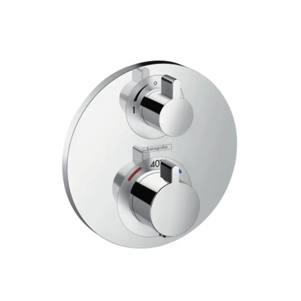 Thermostatsteuerung von Hansgrohe mit zwei Drehknöpfen, einem zur Temperaturregelung und einem zur Wassermengensteuerung, montiert auf einer runden Chromplatte.